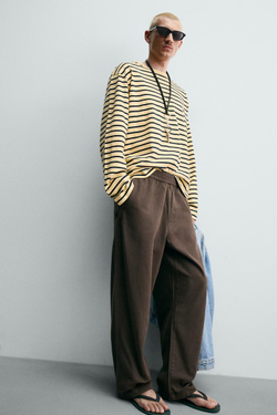 ZARA БРЮКИ RELAXED FIT В ЕЛОЧКУ, КОРИЧНЕВЫЙ