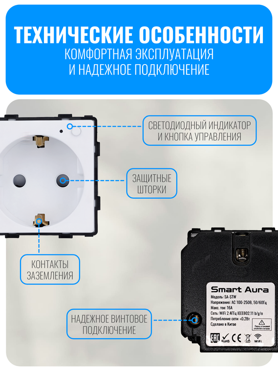 Умная Wi-Fi розетка с заземлением Smart Aura серия Classic без рамки
