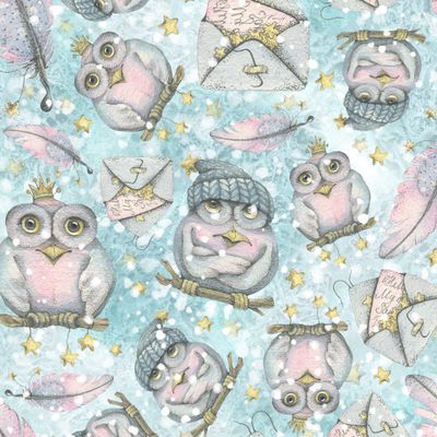 Зимние, волшебные совушки на голубом