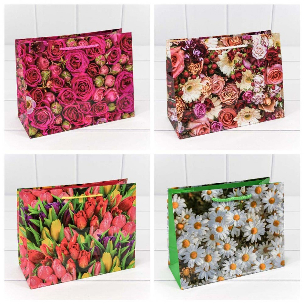 Пакет бумажный 23*18*10см с ручками "Цветы" микс