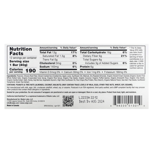 California Gold Nutrition, Foods, жевательные батончики из гранолы с клюквой и миндалем, 12 шт. по 40 г (1,4 унции)