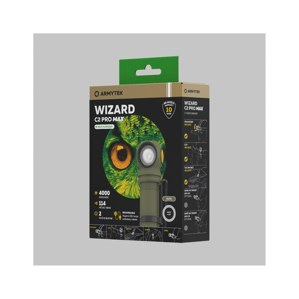 Налобный фонарь Armytek Wizard C2 Pro Max Olive — компактный корпус из авиационного алюминия с высокой ударостойкостью и премиальным анодированием.