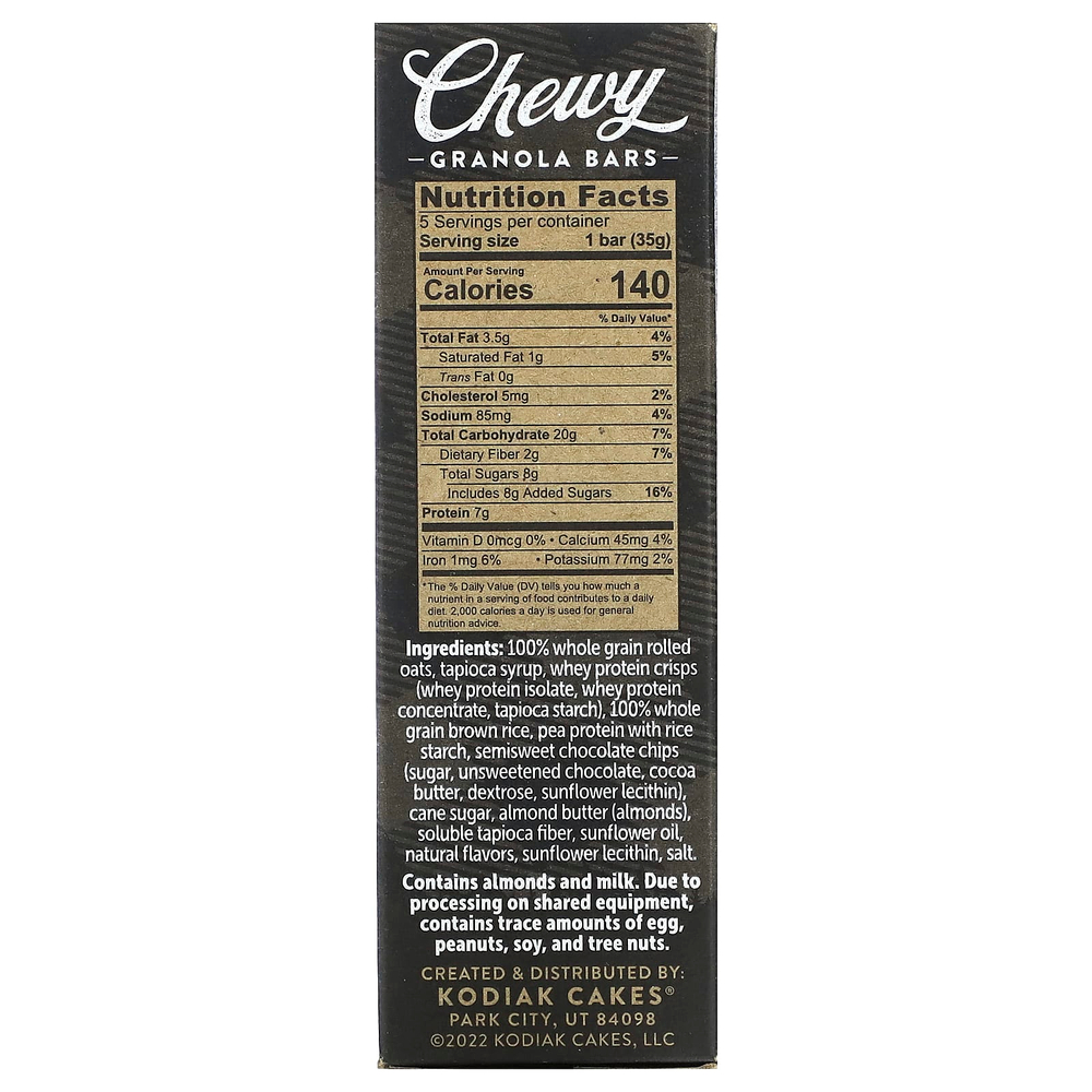 Kodiak Cakes, Жевательные батончики из гранолы, шоколадная крошка, 5 батончиков, 35 г (1,23 унции)