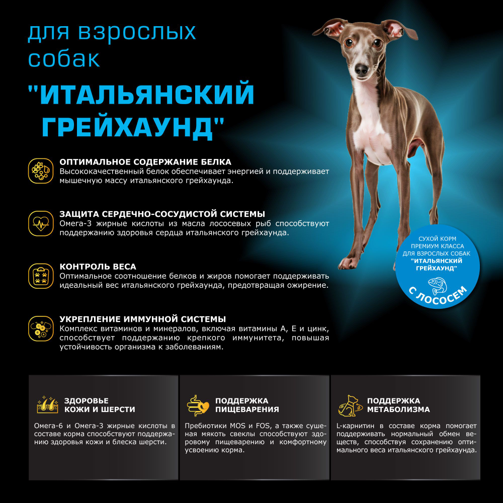 Корм сухой для взрослых собак породы Итальянский грейхаунд, с лососем, 800 гр, QUATTRO