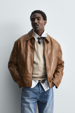 ZARA КОЖАНАЯ КУРТКА, КОРИЧНЕВЫЙ