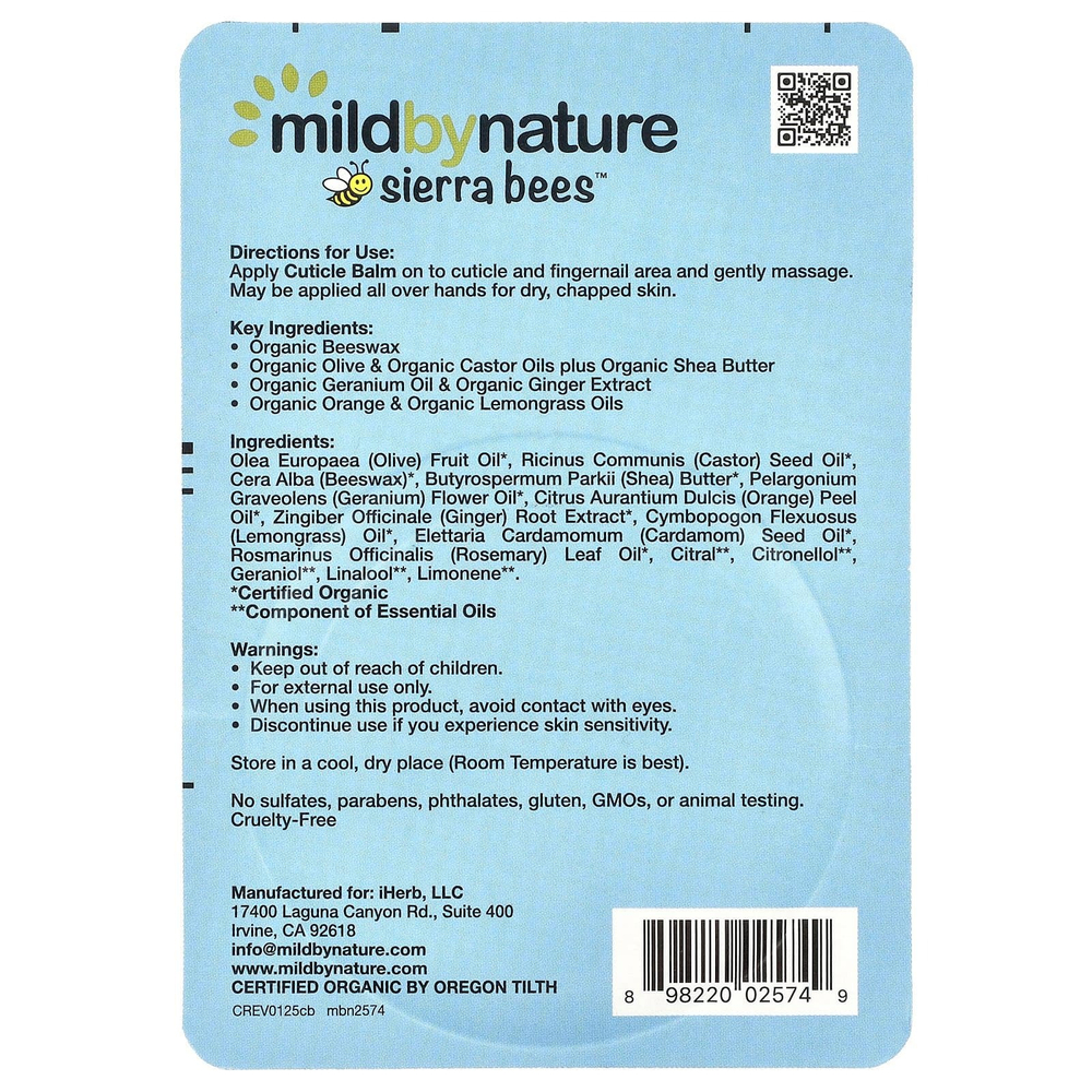 Mild By Nature, Sierra Bees™, бальзам для кутикулы, герань, апельсин и лемонграсс, 17 г (0,6 унции)