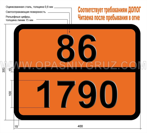 Табличка Опасный груз 86-1790 КИСЛОТЫ ФТОРИСТОВОДОРОДНОЙ раствор