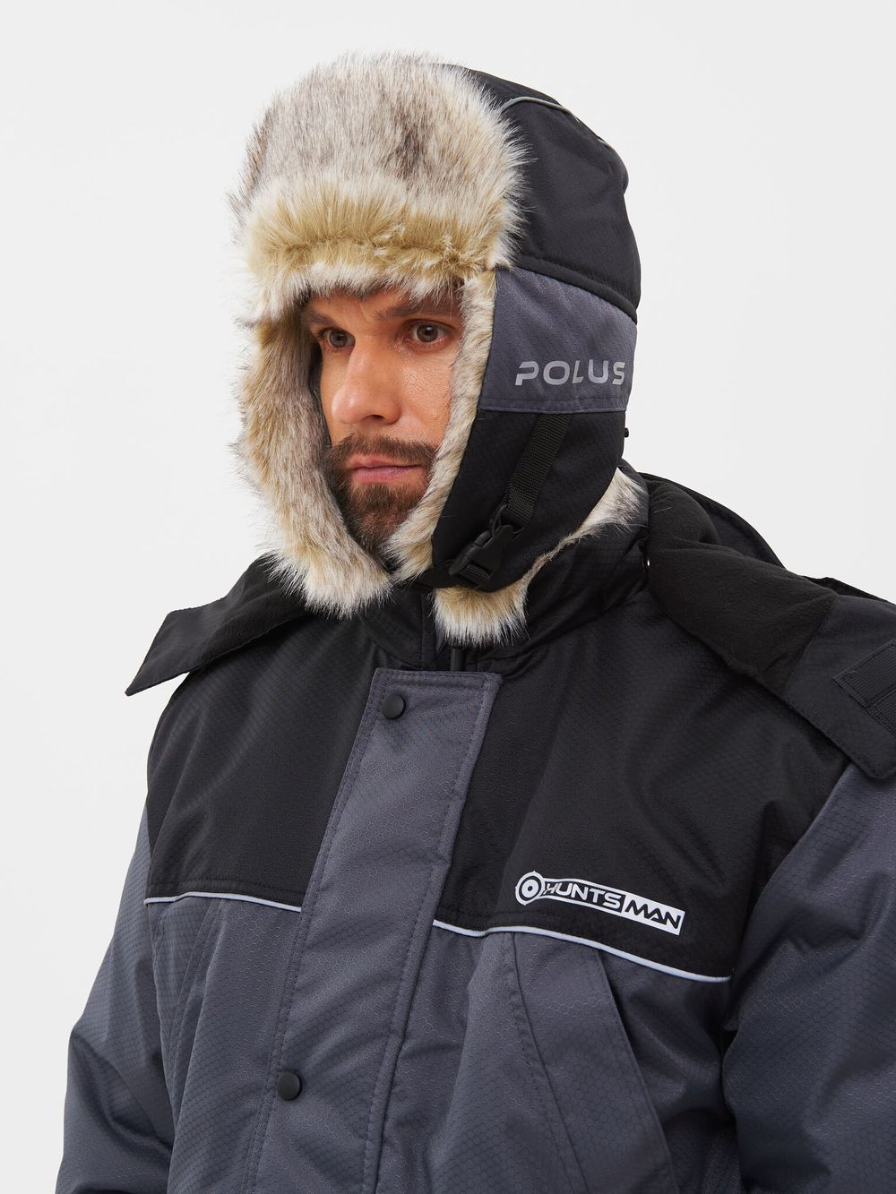 Шапка ушанка зимняя Полюс ткань Cell цвет Серый/Черный