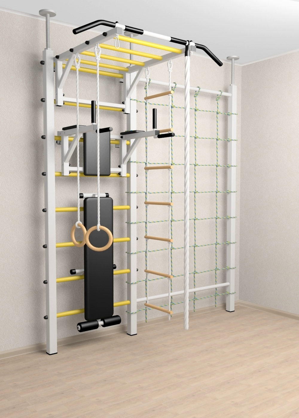 Шведская стенка Sv Sport враспор (Турник рукоход/Брусья/Скамья/Канат/Kольца/Лестница/Канатный лаз/Сетка)