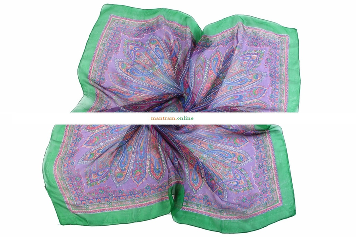 Платок материал Шелк 100% Плотный узор цвет орнажевый синий розовый на сиреневом с зеленой каймой 100x100см.