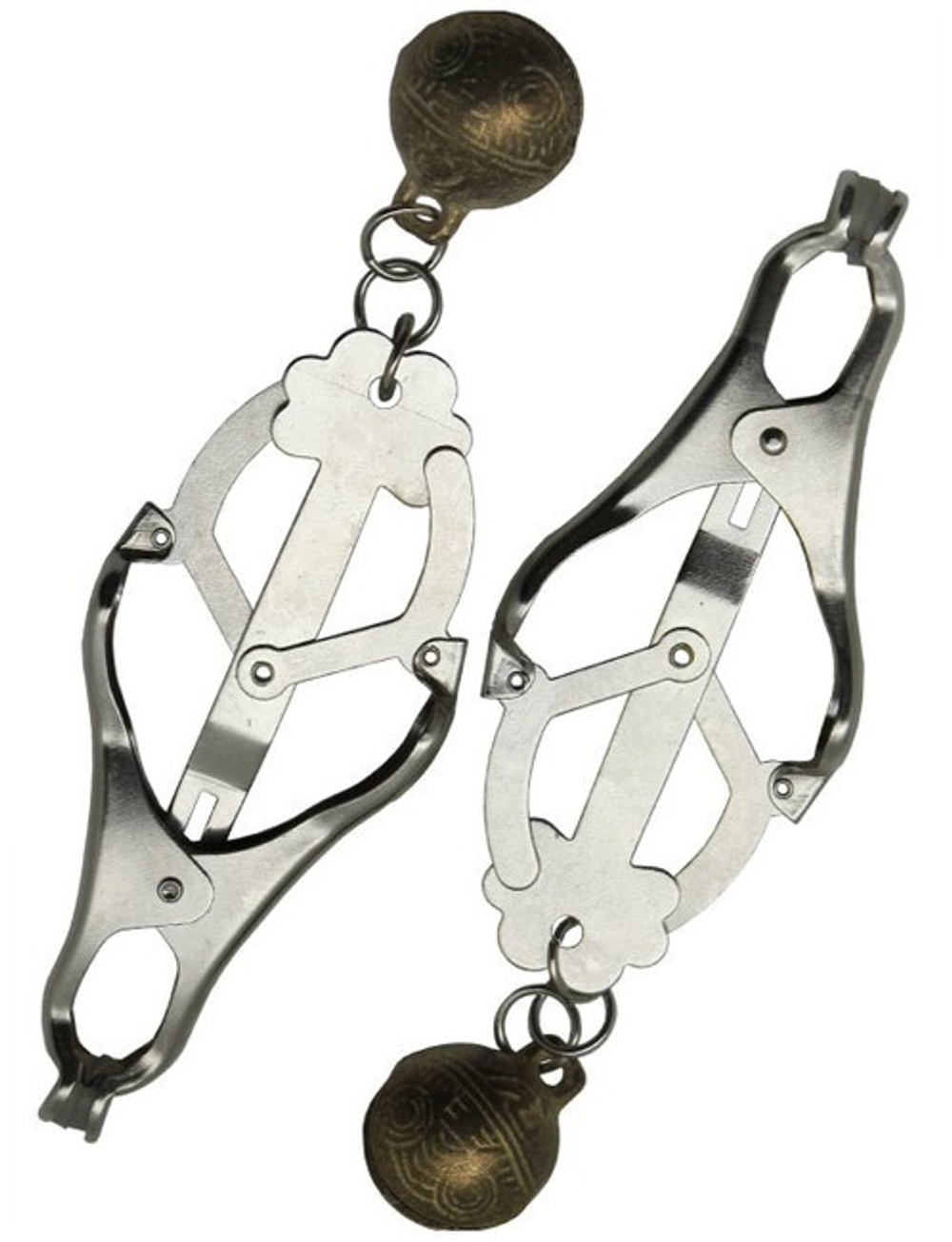 Мощные зажимы на соски со звенящим бубенчиком (Цвет: серебряный с бронзовым)