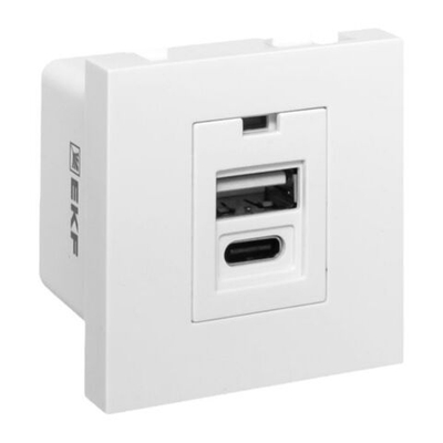 Розетка USB A+C, 2,1А, 2 гнезда, без индикатора, белая EKF