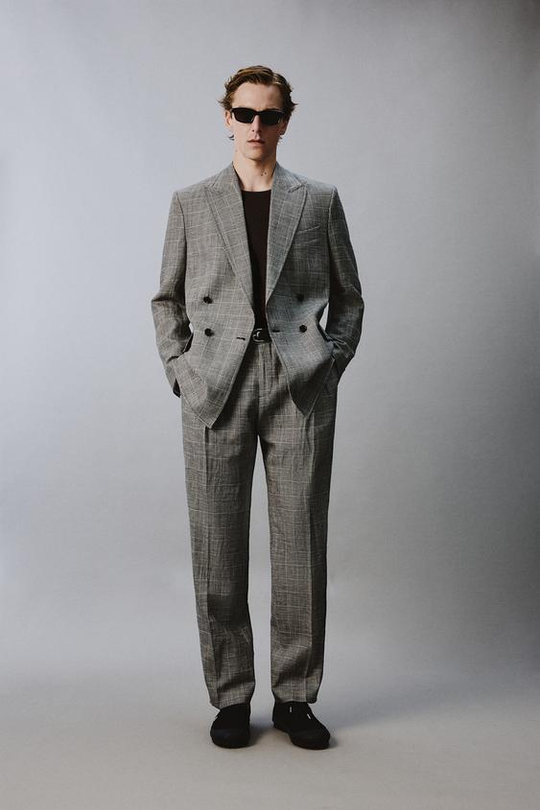 ZARA X AARON LEVINE КОСТЮМНЫЕ БРЮКИ В КЛЕТКУ ИЗ СМЕСОВОЙ ШЕРСТИ И ЛЬНА, БЕЛЫЙ/ЧЕРНЫЙ