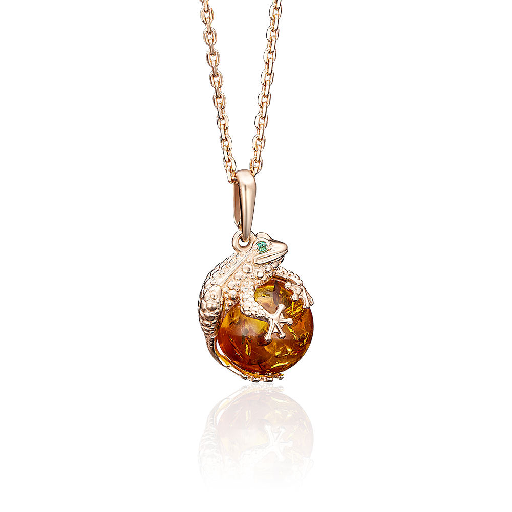 Подвеска «Лягушка» из красного золота с янтарём и фианитами