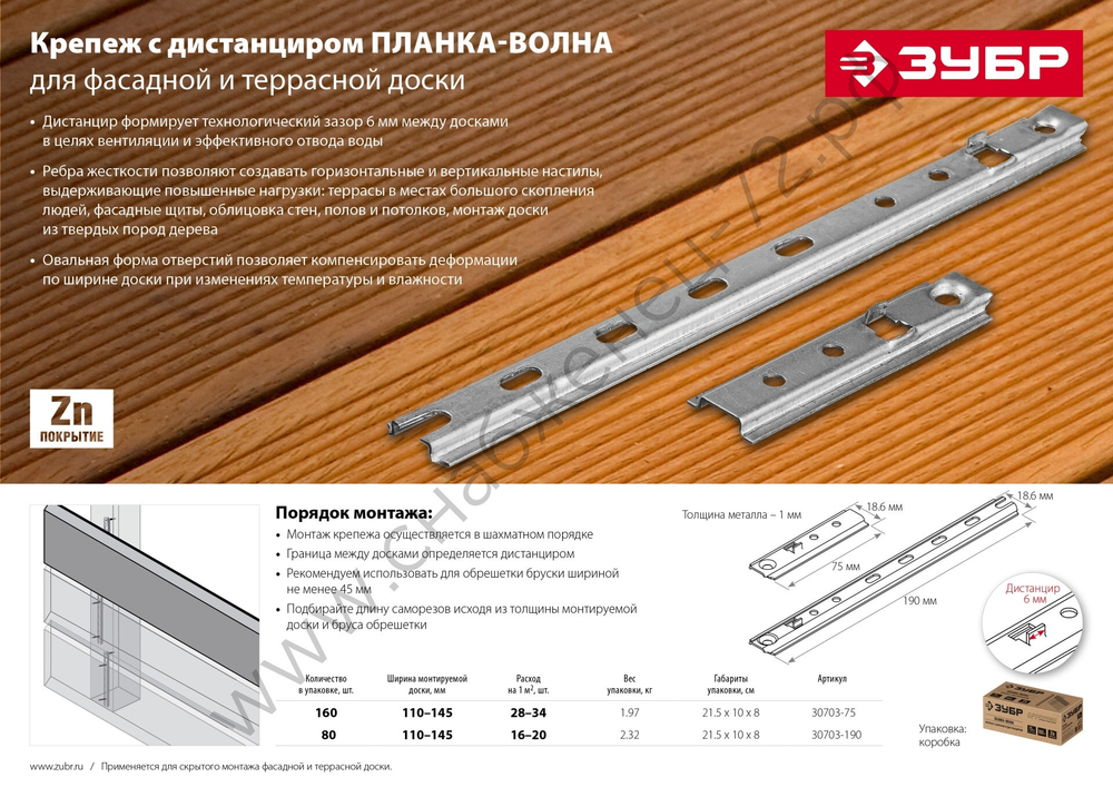 ЗУБР Планка-Волна 190 мм, крепеж для фасадной и террасной доски, цинк, 80 шт (30703-190)