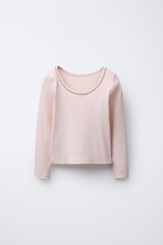 ZARA ТОП В РУБЧИК СО СТРАЗАМИ, РОЗОВЫЙ