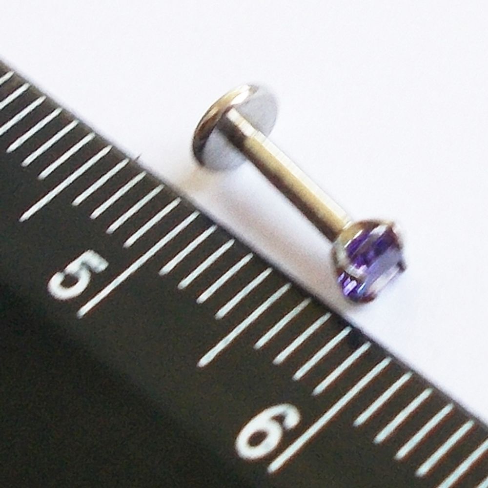 Пирсинг. Лабрета интернал для пирсинга губы 6 мм с сиреневым кристаллом 3 мм. Медицинская сталь.