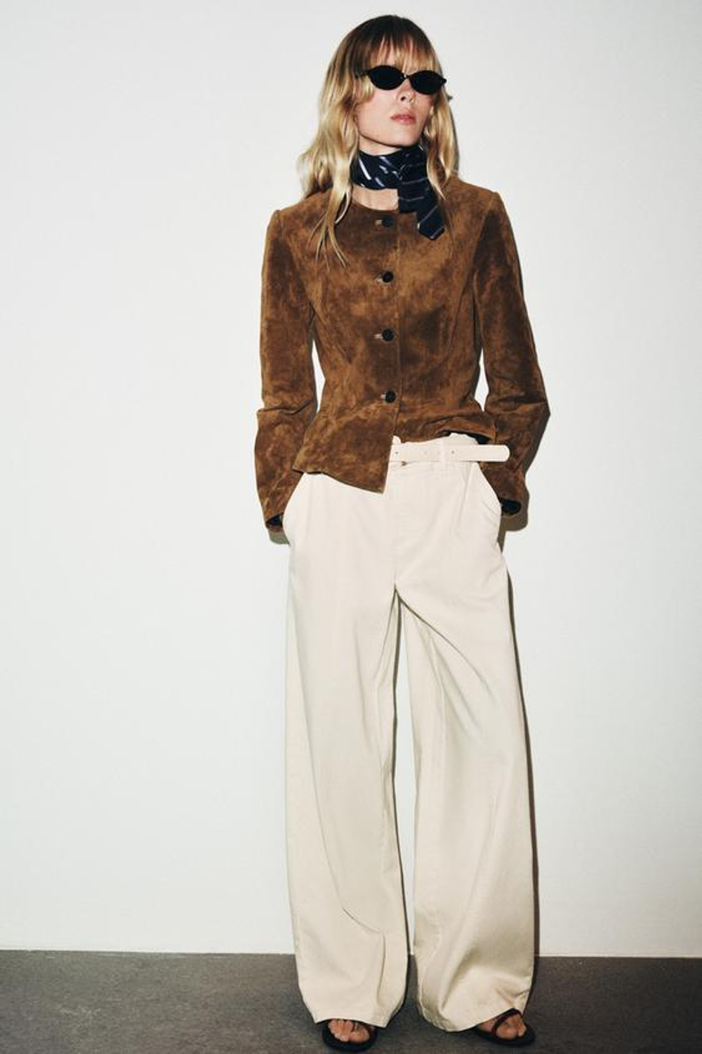 ZARA БРЮКИ С ШИРОКИМИ ШТАНИНАМИ И РЕМНЕМ, ЭКРЮ