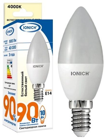 Лампа светодиодная IONICH "свеча" ILED-SMD2835-C37-10Вт-900Лм-230В-4000К-E14