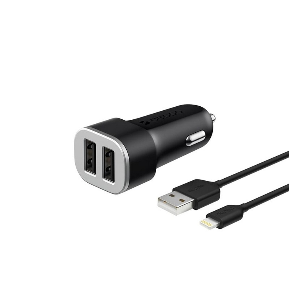 Разделитель автомобильный Deppa Car charger 2.4A MFI D-11285, дата-кабель 8-pin Lightning 1.2m 12/24V (2USB: 5V/2.4A) Черный