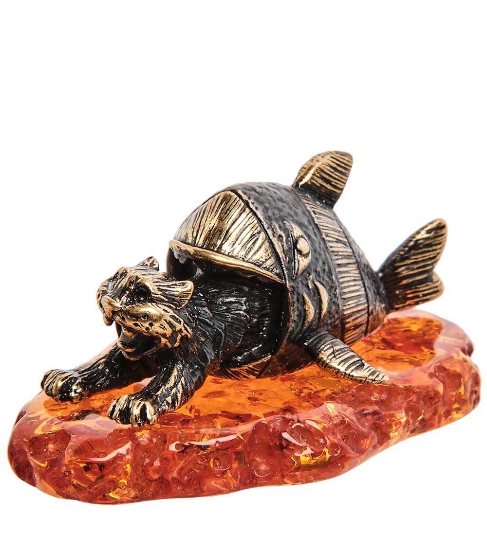 AM-3066 Фигурка «Кот неудачная рыбалка» (латунь, янтарь)