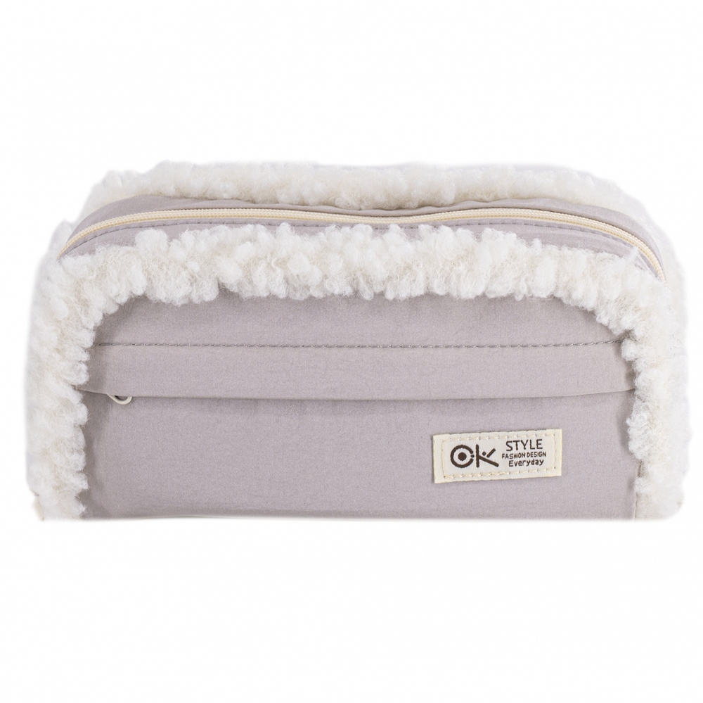 Пенал - косметичка Alingar, ткань, молния, боковой карман, карман-сеточка, плюш отделка, 200 х 90 х 45 мм, "OK. Style", микс (корич, св-серый, св-роз)