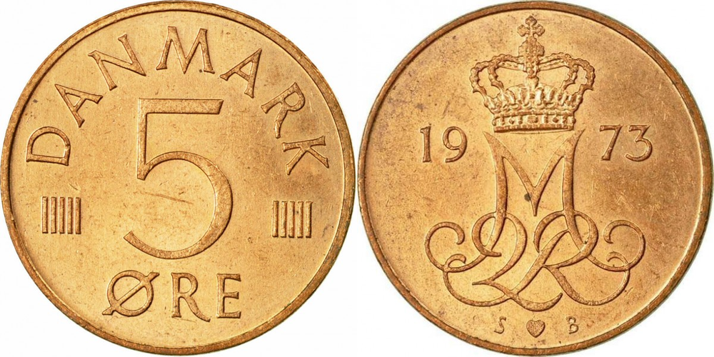 Дания 5 эре, 1973-1988 Королева Маргрете II XF