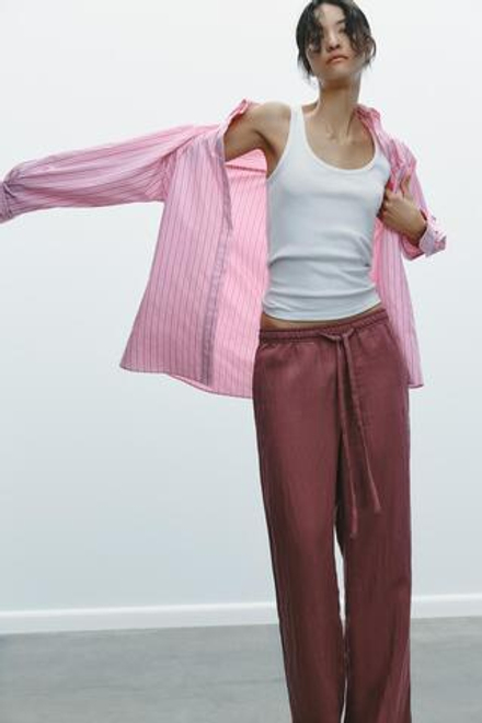 ZARA БРЮКИ ПРЯМОГО КРОЯ СО ШНУРКАМИ, МАЛИНОВЫЙ
