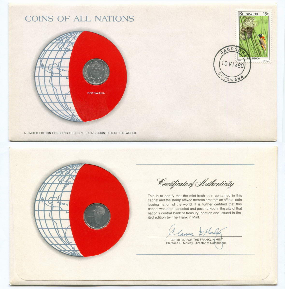 1 тхебе 1976 год. Ботсвана. Конверт с маркой и спецгашением. Серия "Coins of all Nations" (США)