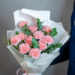 Букет розовых диантусов с эвкалиптом в оформлении