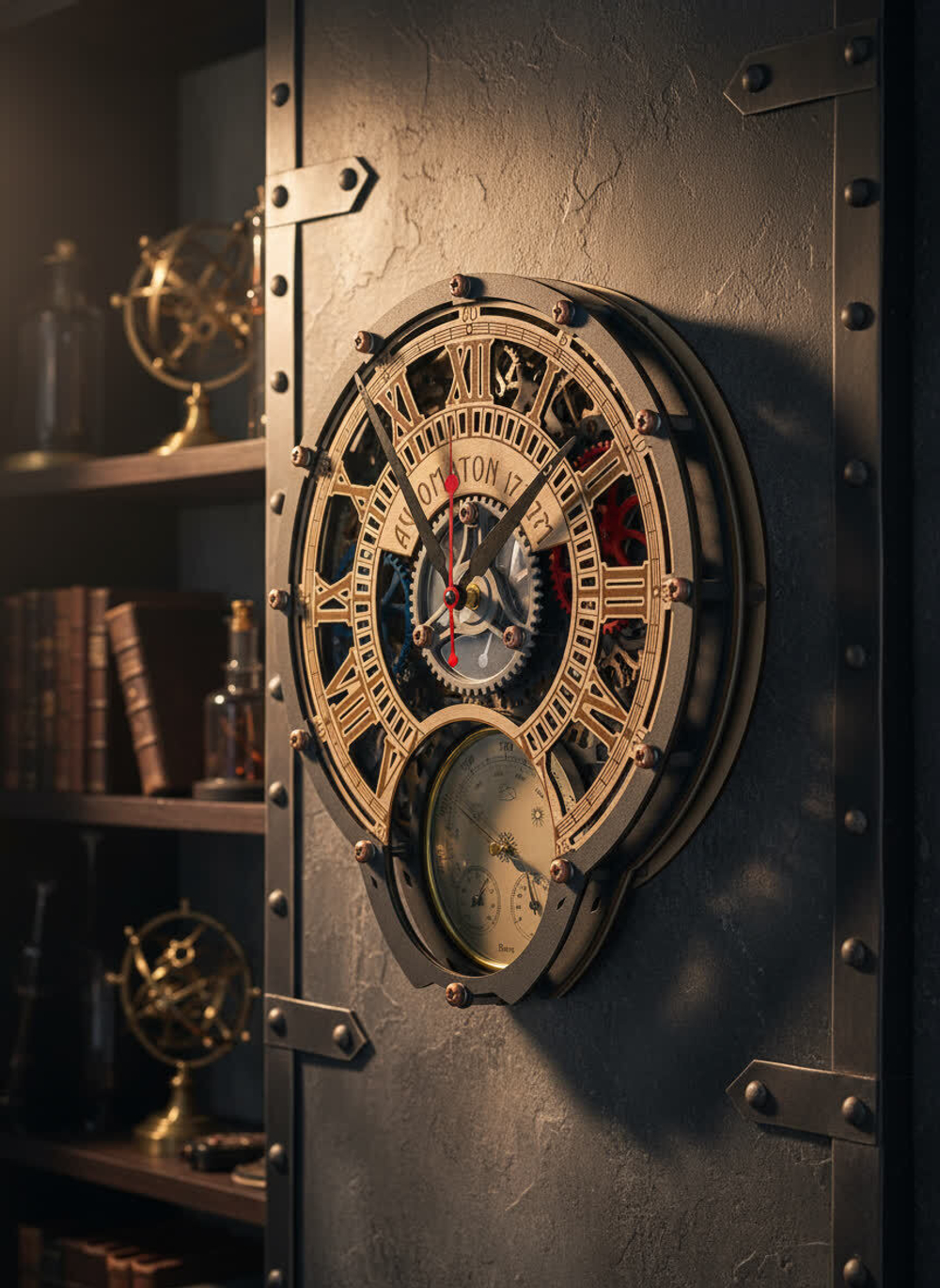 Настенные часы WOODandROOT Automaton 1722 — метеостанция с барометром и гигрометром, корпус с открытым механизмом в стиле лофт