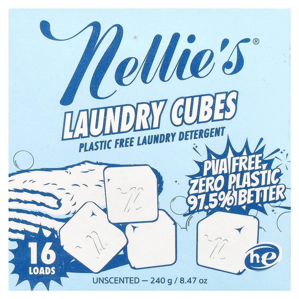 Nellie's, кубики для стирки, средство для стирки без пластика, без запаха, 16 загрузок, 240 г (8,47 унции)
