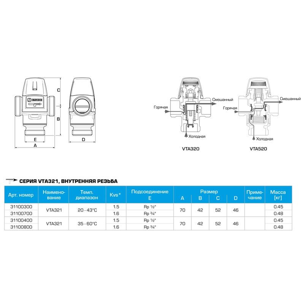 Термостатический клапан Esbe VTA321 35-60°С 1/2 - 31100400