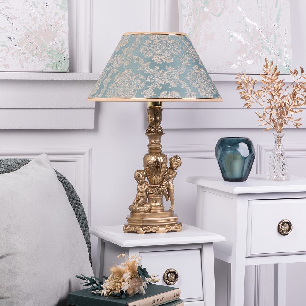 Настольная лампа Путти Бронза с абажуром 38 Vatican (Ватикан) Аквамарин