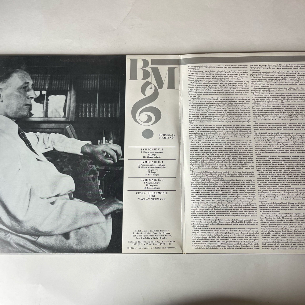 Винтажная виниловая пластинка LP Bohuslav Martinu Богуслав Мартину, Ceska Filharmonie, V Neumann, Symfonie No 3,4,5 (Чехословакия 1979)