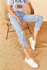 Qadın üçün Mom Stile mavi cins şalvar 10701005