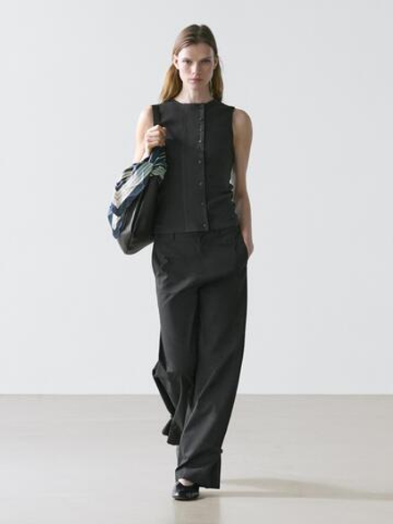 Massimo Dutti Брюки из смесовой хлопковой ткани с декоративной отделкой по низу, черный