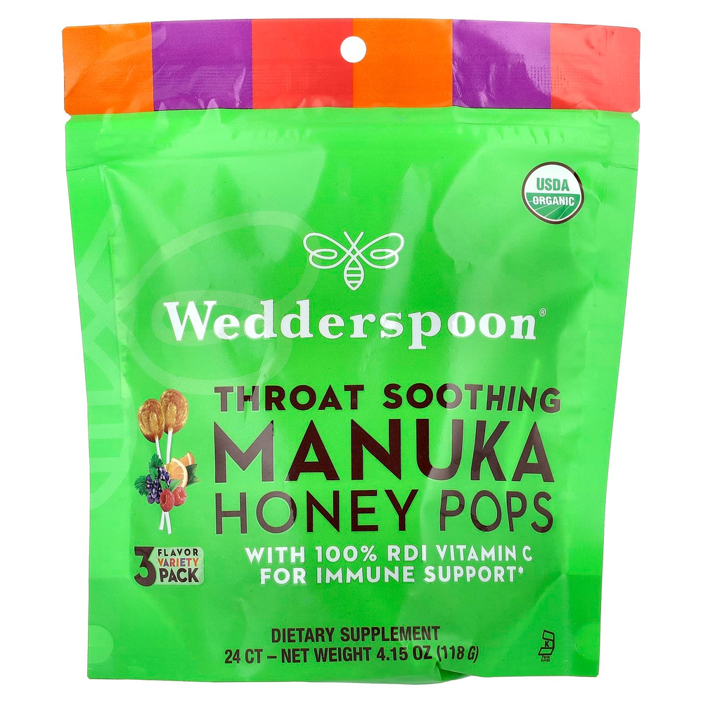 Wedderspoon, Органические леденцы с медом манука, ассорти из 3 вкусов, 24 леденца, 118 г (4,15 унции)
