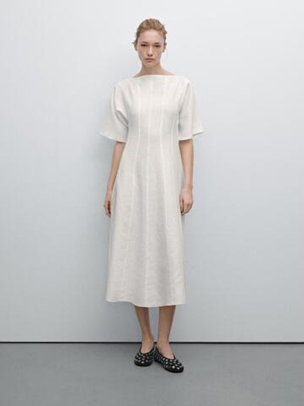 Massimo Dutti Платье миди из 100% льна, белый
