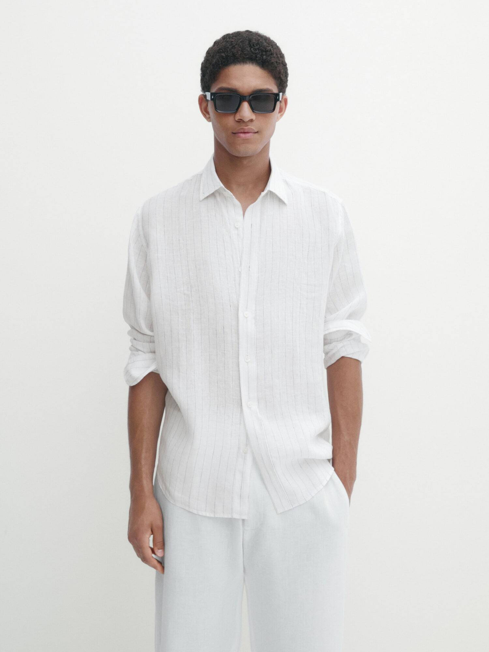 Massimo Dutti Рубашка свободного кроя изо льна в полоску, белый