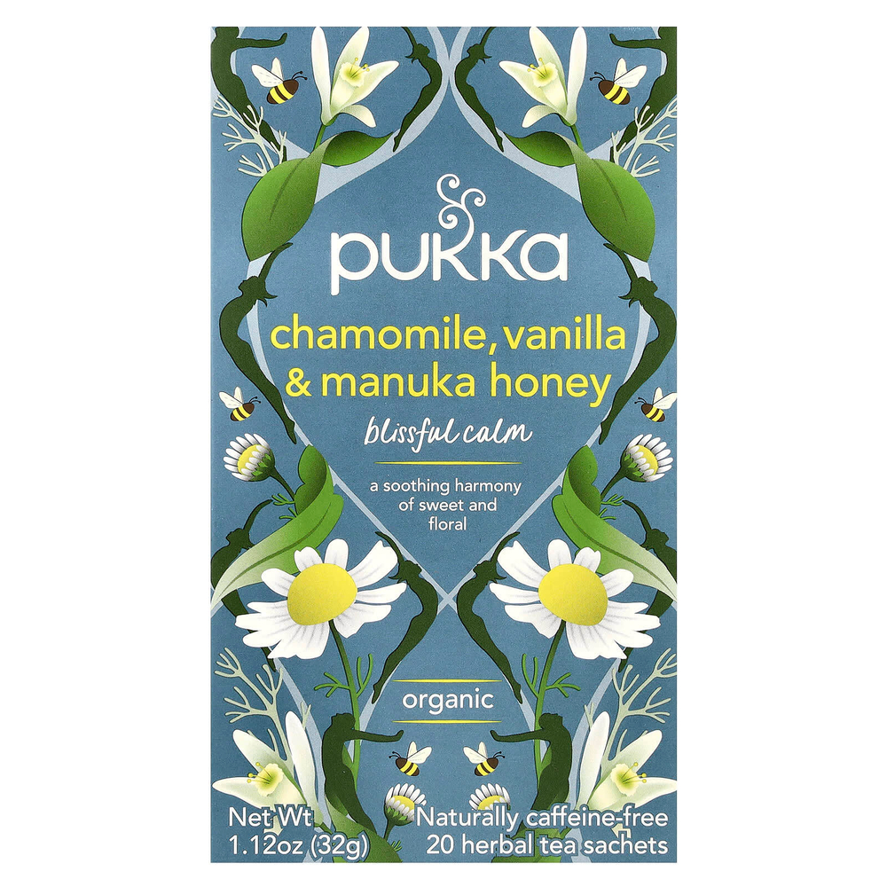 Pukka Herbs, Органический травяной чай, ромашка, ваниль и мед манука, без кофеина, 20 пакетиков, 32 г (1,12 унции)