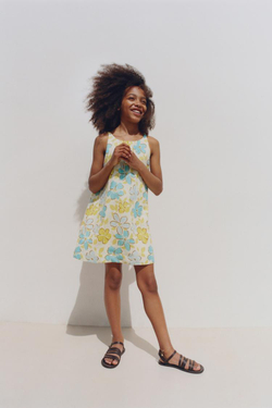 ZARA ПЛАТЬЕ ИЗ ХЛОПКА И ЛЬНА С ЦВЕТОЧНЫМ ПРИНТОМ, БИРЮЗОВЫЙ