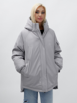 Куртка летучая мышь женская с капюшоном зимняя серого цвета 9630Sr