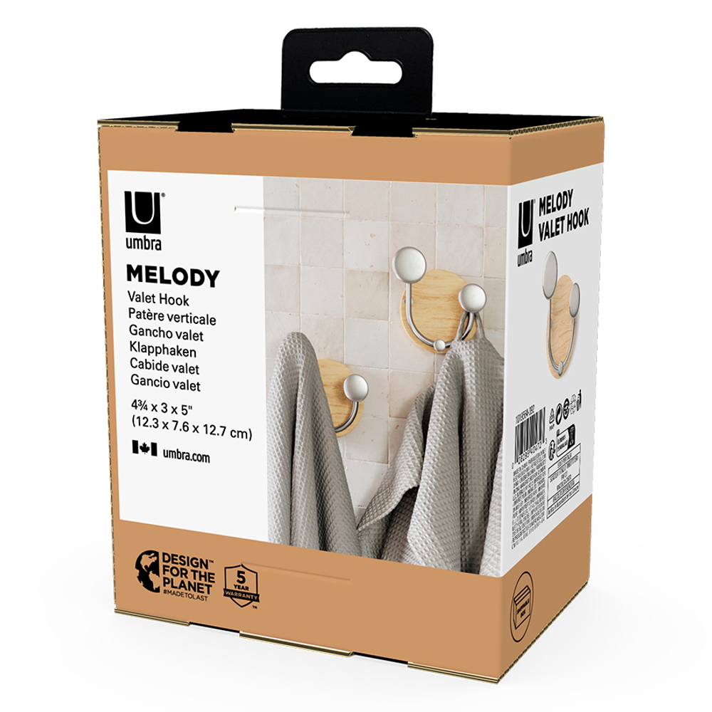 Вешалка настенная melody, 2 крючка, натуральное дерево/никель