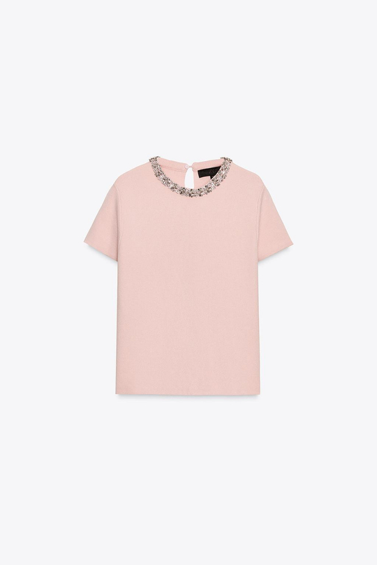 ZARA ТРИКОТАЖНЫЙ ТОП СО СТРАЗАМИ, ПАСТЕЛЬНО-РОЗОВЫЙ