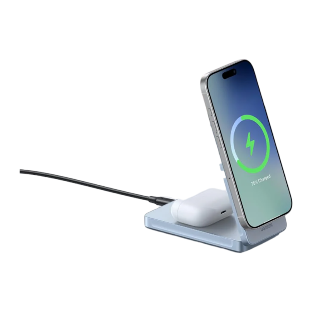 Складная зарядная станция MagSafe Ugreen MagFlow для iPhone и AirPods (Qi2.2) (W756) Беспроводная зарядка: Qi 25 Вт, Qi 5 Вт. Проводная зарядка: нет. Сертификация Qi2. Есть LED-индикация