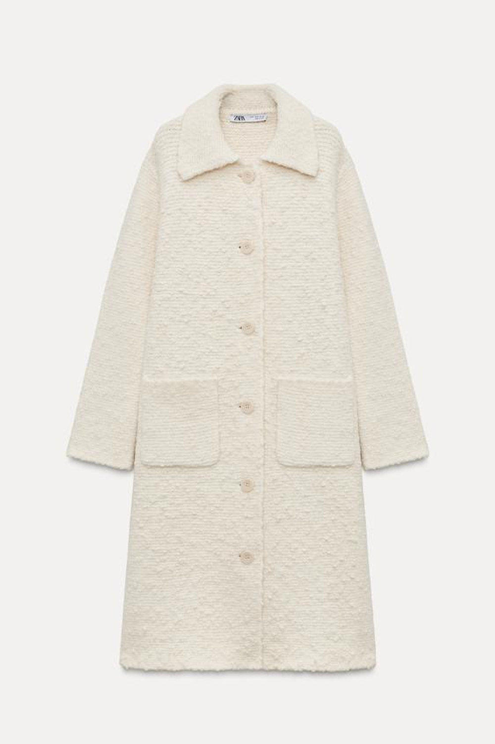 ZARA ТРИКОТАЖНОЕ ПАЛЬТО ИЗ СМЕСОВОЙ ШЕРСТИ, БЕЛЫЙ