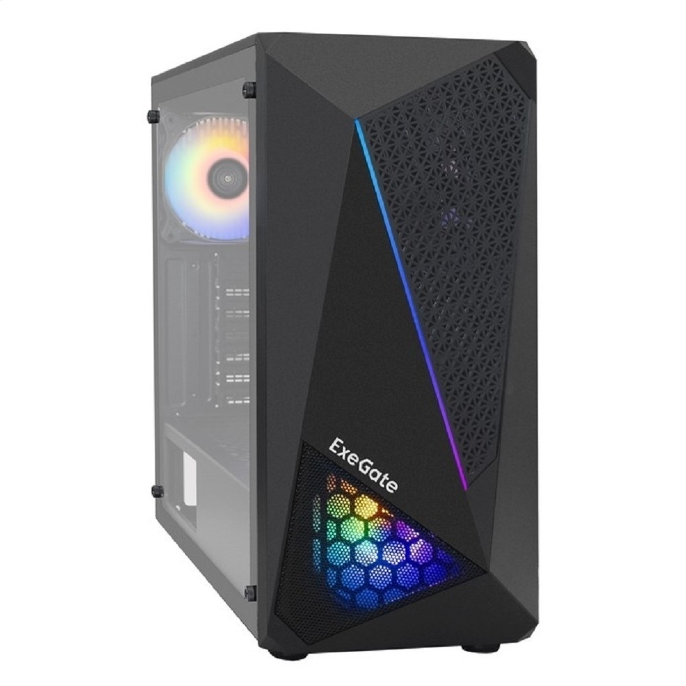 Exegate EX292858RUS Корпус Miditower ExeGate EVO-8225 (ATX, без БП, 2*USB+1*USB3.0, черный, 2 вент. с RGB подсветкой и полоса на передней панели, боковая панель - закаленное стекло)