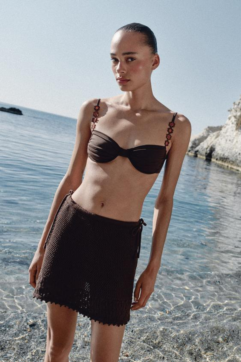 ZARA ТРИКОТАЖНАЯ МИНИ-ЮБКА, КОРИЧНЕВЫЙ