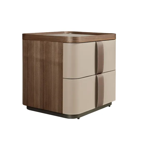Прикроватная тумбочка 7204 из кожи, ореха и полированной стали